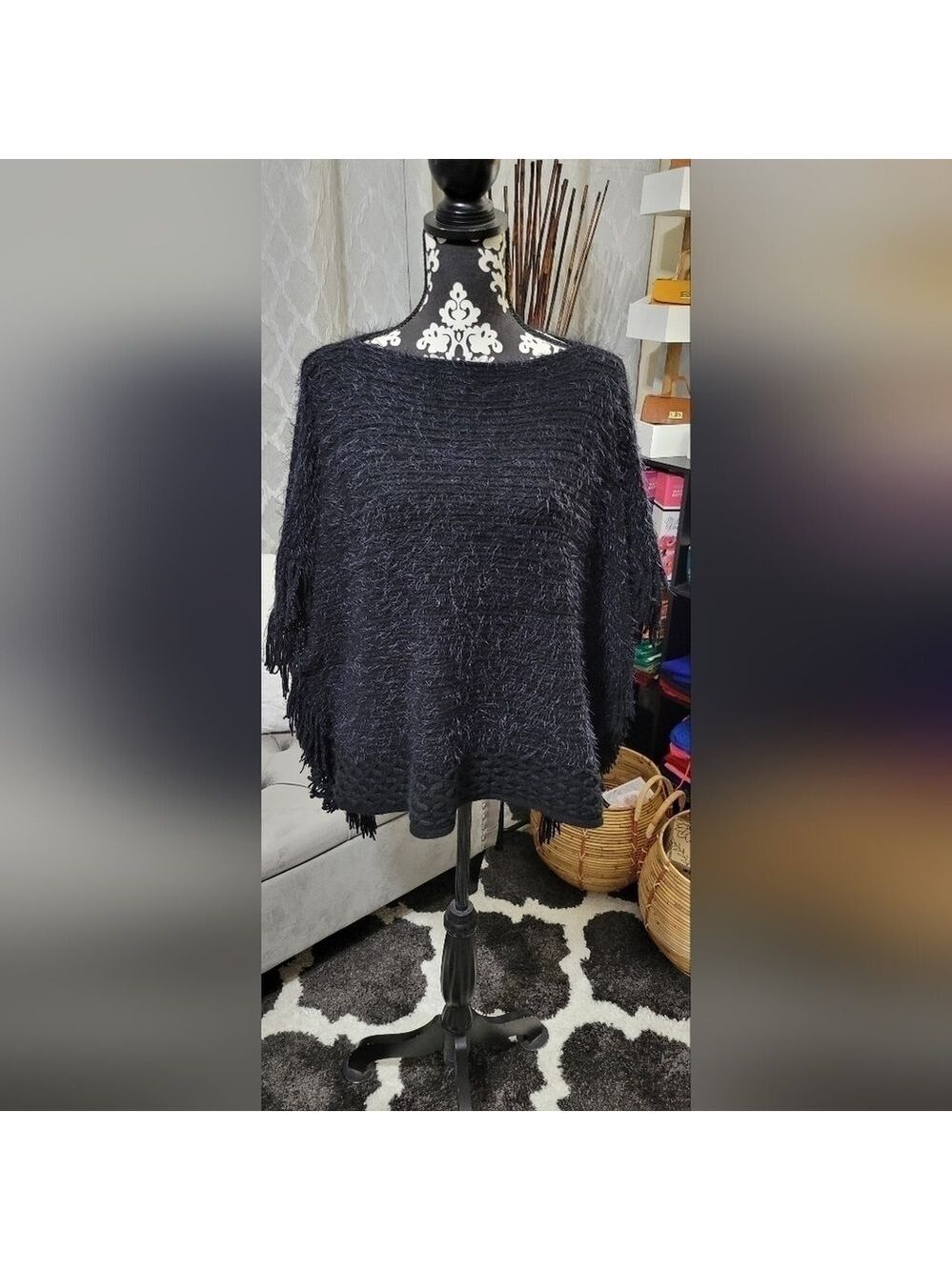 Black Textured Knit Poncho with Fringe Sides | Cozy Boho Fall & Winter Layer - Picture 2 of 7